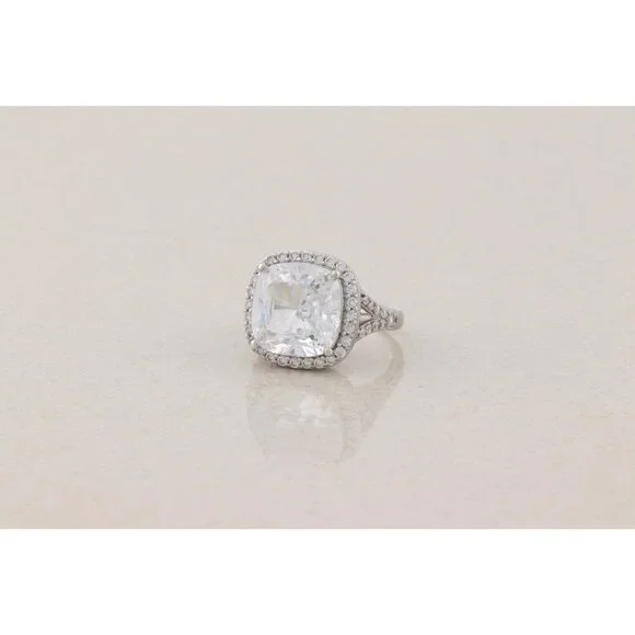 Sterling Silver Cushion Cut Cubic Zirconia Halo Ring Size 6 1/4 Sparkly - Picture 3 of 8